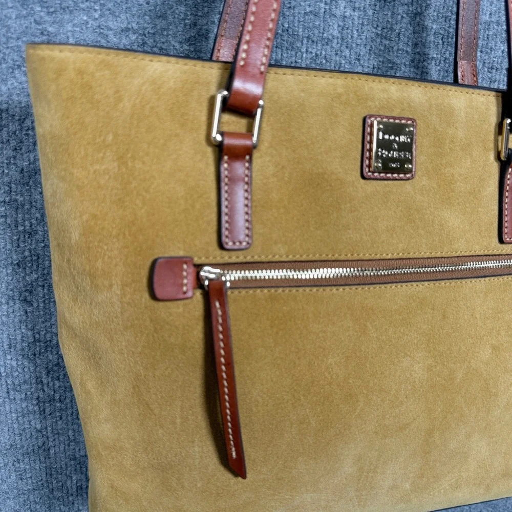 Dooney & Bourke Suede Shopper Shoulder Tote Bag Cream Leather Zipped Pockets